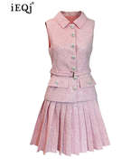 Tweed Sequins Spliced Lapel Lace-up Sleeveless Belt Coat Pleated Mini Sk... - €173,74 EUR