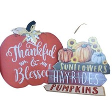 Fall Thankful &amp; Blessed Sunflowers Pumpkins hayrides Hanging wood-#2 sig... - £8.13 GBP