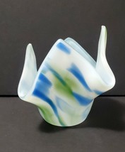 Vtg Hand Blown Glass Handkerchief green blue white candle tealight candy bowl - £8.79 GBP