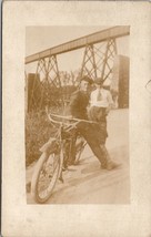 RPPC Young Men with Motorbike Below Railroad Bridge Postcard Y17 - £15.94 GBP