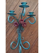 Metal Candle Sconce Green Toleware Burgandy Rose Flowers Leaves 3 Pillar... - $507.86 MXN