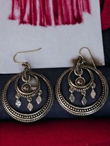 Round Black Oxidized Chandbali Moon Earings With Silver Dangle Charms Vtg - £39.59 GBP