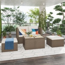 6-Piece Outdoor Modular Sofa Set with 2 Tea Tables in Brown Rattan - £756.42 GBP