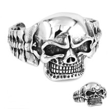 Large Angry Skull Bracelet Silver Stainless Steel Pirate Gothic Biker Bone Cuff - £40.17 GBP