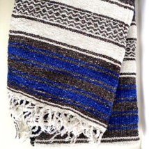 Woven Mexican Falsa Blanket Taupe Blue White Serape Yoga Throw 72x48in - £39.70 GBP