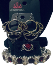 Paparazzi 3 PC Jewelry Metallic Silver Earrings Bride Bracelet Red Elevated Ring - £13.09 GBP