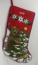 LL Bean Needlepoint Christmas Stocking Jeff Woods  Bear Raccoon Tree Velvet 20&quot; - $24.78