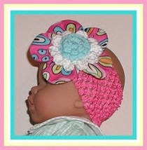 Flower Baby Headband Aqua White Hot Pink Lime Green Girls Toddlers Stretchy - £10.61 GBP