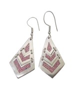 VTG Alpaca Silver Pink Inlay Dangle  Earrings Pierced Hooks 3” - £15.07 GBP