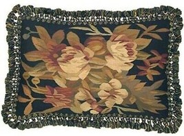 Aubusson Throw Pillow Handwoven 16x24 Floral Design, Black,Gold Tassel - £179.90 GBP