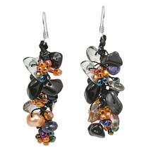 Cute Little Mix of Black Onyx Stones, Pearls &amp; Orange Beads Dangle Earrings - £8.05 GBP