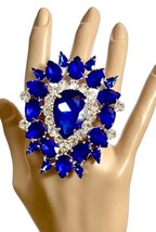 3&quot; Drop Royal Blue Crystals Oversized Statement Ring Stage Costume Jewelry - £25.05 GBP