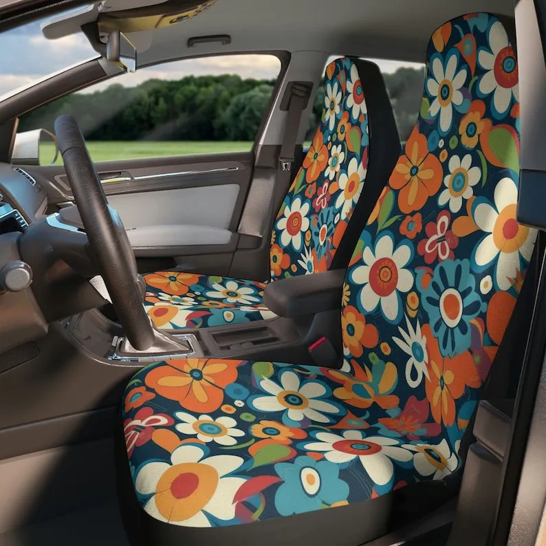 Colorful 70s Hippie Flower Car Seat Covers, Groovy Floral Pattern, Retro Style - £34.49 GBP