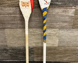 Hand Carved Painted Santa Claus &amp; Snowman Wood Spoon Set Christmas Decor - £13.06 GBP