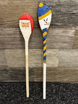 Hand Carved Painted Santa Claus &amp; Snowman Wood Spoon Set Christmas Decor - £12.91 GBP