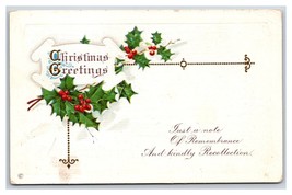 Christmas Greetings Holly Ribbon Embossed UNP DB Postcard Y9 - $2.63