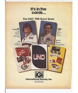 1981 UNO card Game Print Ad Indy nascar buddy baker Tim Richmond 8.5&quot; x 11&quot; - £15.11 GBP