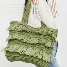 The Last Straw Fringe Straw Tote Bag. In olive - $44.55
