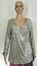 Trouve Metallic Silver Long Sleeve Ruched Faux Wrap Top Womens Large - £27.23 GBP