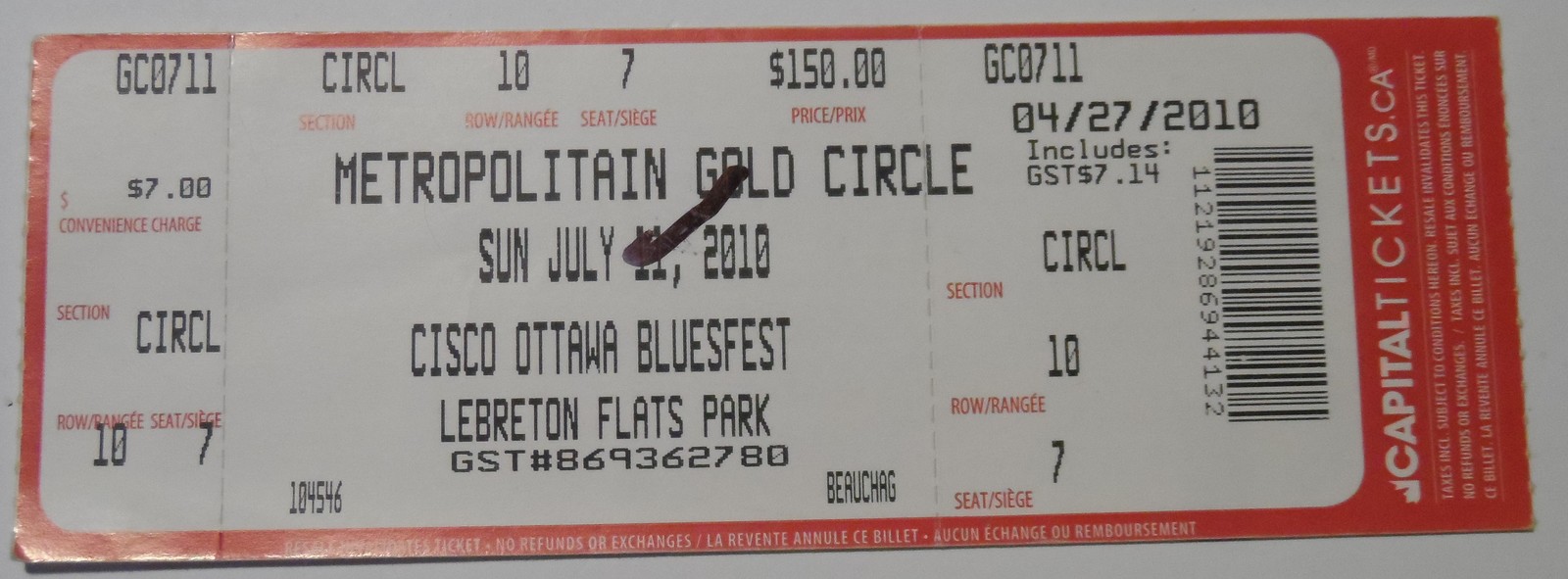 Primary image for Rush 2010 Ottawa Bluesfest Ticket Stub Gold Circle Labreton Flats NM Geddy Lee 
