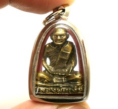 Lp Ngern Pendant Magic Monk Real Thai Buddha Amulet Bless Lucky Money Rich Gift - £30.11 GBP