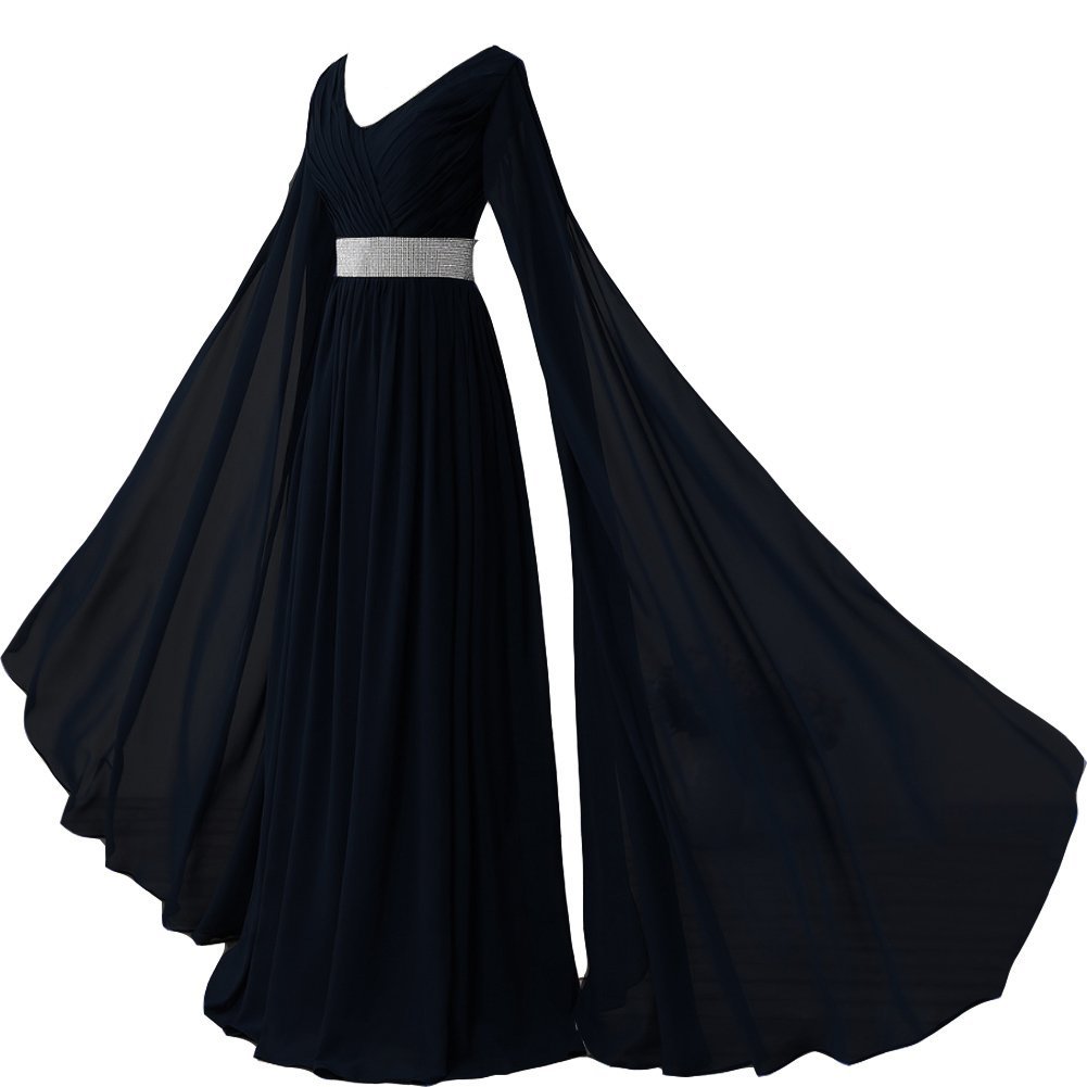Kivary V Neck Long Sleeves Chiffon Goddess Prom Vintage Evening Dresses Dark Nav