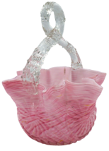 19th c NAILSEA Pink &amp; White Cased Glass Twisted Thorn Handle Basket Crim... - £51.55 GBP