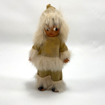 Vtg Small Inuit Plastic Doll Faux Leather White Fur Trim Clothing Standing 6.5&quot; - £14.19 GBP