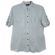 New York &amp; Company Womens Shirt Size L Button Up Pockets Short Sleeve Blue Plaid - £10.36 GBP