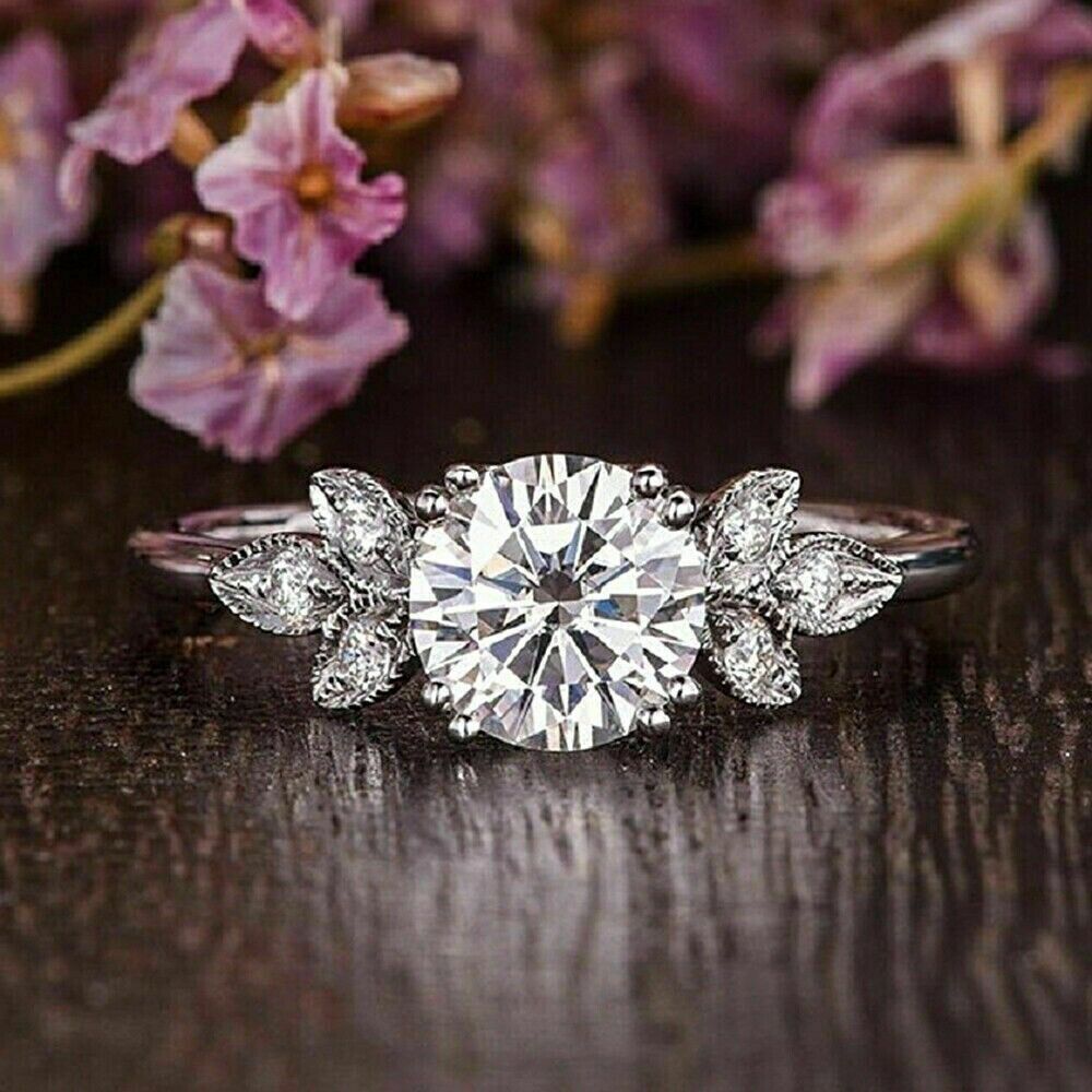 Primary image for Floral Engagement Ring 2.30Ct Round Cut Moissanite Solid 14k White Gold Size 7.5