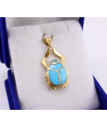 Rare Egyptian Turquoise scarab 18k gold necklace handmade beetle pendant... - $552.90+