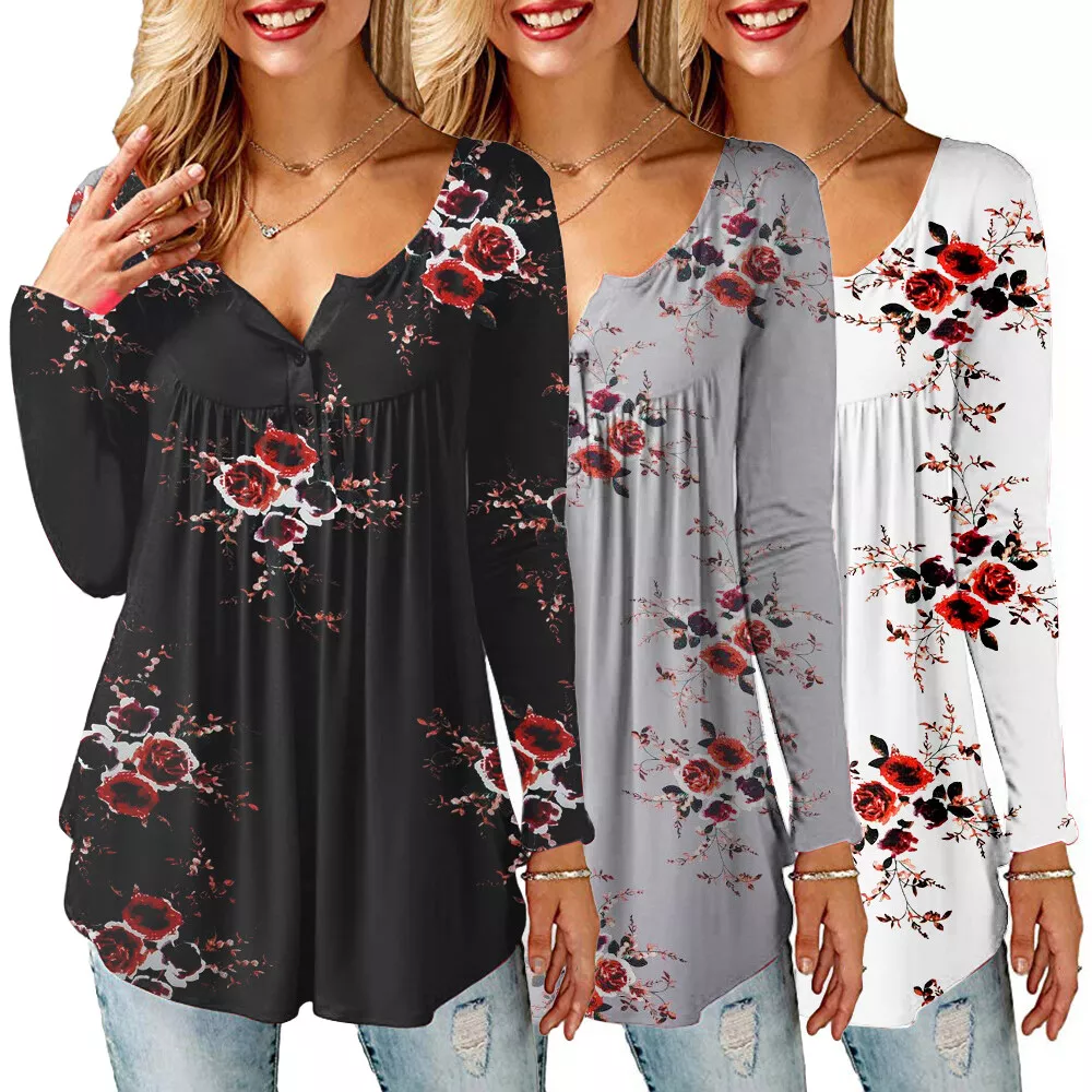 Womens Floral V Neck Pleated Long Sleeve T-shirts Ladies Casual Blouse T... - $18.11