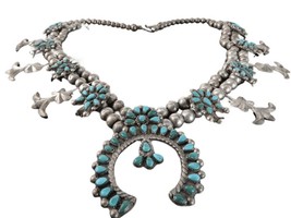 Antique Zuni Petit Point Sterling and Turquoise squash blossom necklace - £1,652.98 GBP