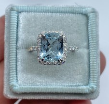 2.50Ct Cushion Lab-Created Aquamarine Halo Engagement Ring 14K White Gold Plated - £97.15 GBP