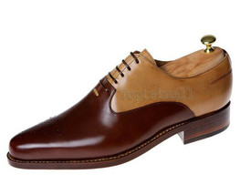 Handmade Men&#39;s Leather Oxfords Beige &amp; Brown Round Toe Magnificent Shoes-699 - £172.82 GBP