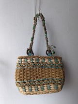 Sun &amp; Sand Blue Spring Woven Straw Purse Weave Beads Beach Handbag Tote ... - £31.42 GBP