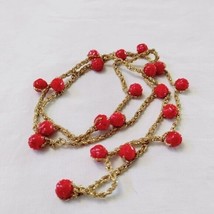 Vintage Red Carved Lucite Rose Flower Station Bead Gold Tone Necklace 32&quot; long - £14.24 GBP