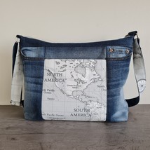 Large Denim bag America Map many pockets Shoulder dark blue Jeans bag print - $92.00