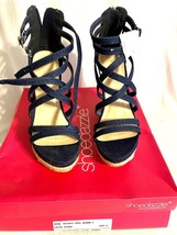 Shoe Dazzle Size 8 Denim 6 Inch Wedge 2 In Platform Strappy Sandal Box Optional - £19.77 GBP
