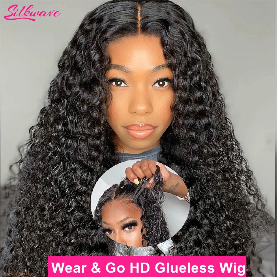 Curly water wave glueless wig human hair ready to wear and go pre plucked deep wave thumb200