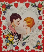 Valentines Day Postcard Lovers Inside Heart Embossed Unused Fancy Fruits Border - £13.09 GBP