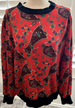 1980&#39;s Red Jewel Print Popover Blouse With Shoulder Pads VTG - £10.19 GBP