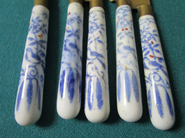 Antique 10 Fruit Knives Blue White China Handles Brass Blades Bohemia Cz... - £95.67 GBP