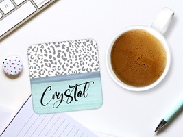 Leopard Print Coasters, Teal Table Decor, Coworker Office Gift, Desk Coaster, Pe - £3.92 GBP