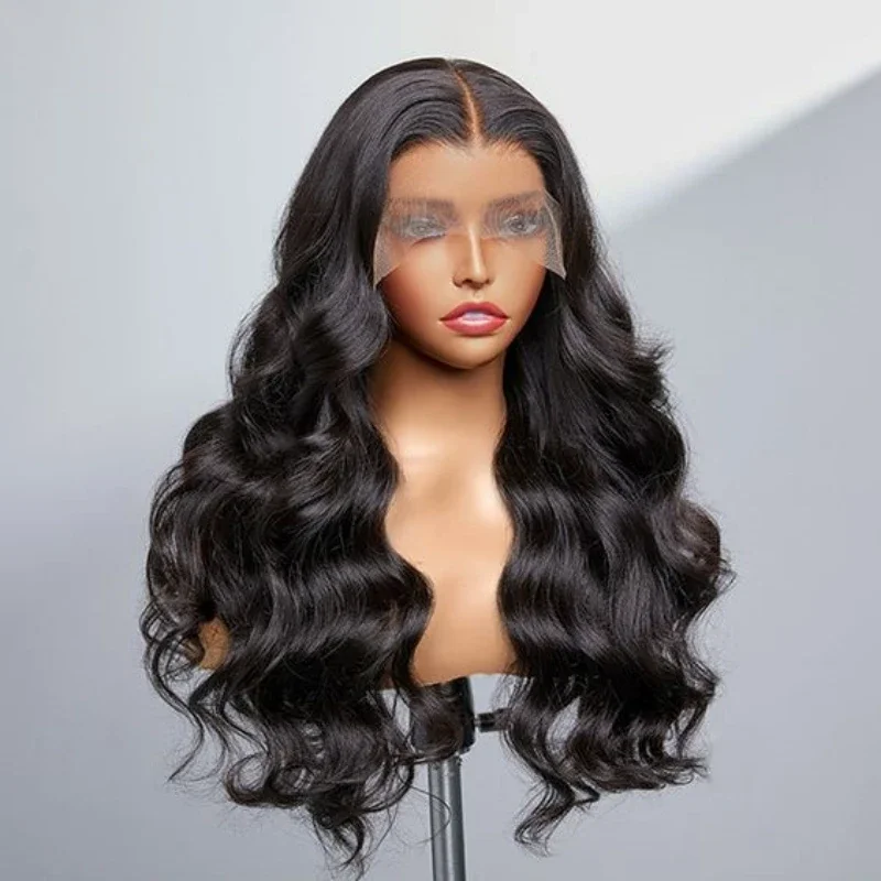Black Long Body Wave Wig Synthetic Lace Frontal Wigs For Women Glueless Natur - £46.70 GBP