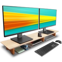 Large Dual Monitor Stand Riser, Solid Wood Desk Shelf With Eco Cork Legs For Lap - £81.52 GBP