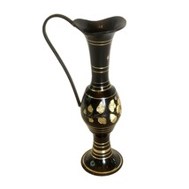Brass Pitcher Vase Candle Holder Black Enamel Etched Gold Floral Pattern 7&quot; - £18.66 GBP