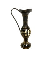 Brass Pitcher Vase Candle Holder Black Enamel Etched Gold Floral Pattern 7&quot; - $23.38