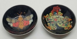 Vtg Antique Handpainted Moth &amp; Clown Metal Sauce Incense Bowl Set Asian Style  - £21.65 GBP