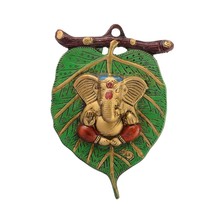 Lord Ganesha in Red Dhoti on Green Leaf Wall Hanging in Metal - $29.69